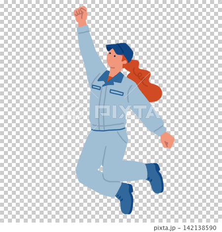片手を挙げてジャンプする女性作業員のイラスト 片手を挙げてジャンプする女性作業員のイラスト 142138590