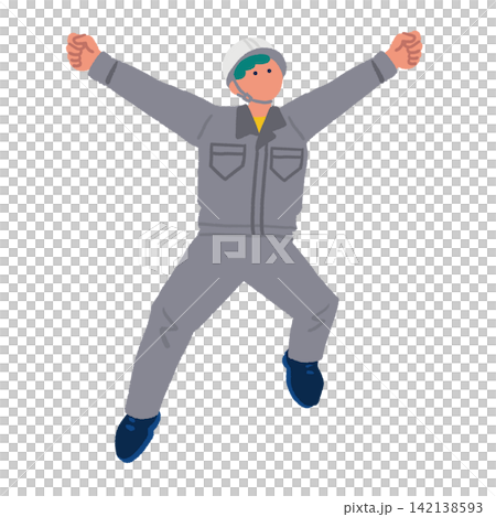 An illustration of a worker wearing a helmet jumping with a triumphant gesture. An illustration of a worker wearing a helmet jumping with a triumphant gesture. 142138593