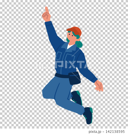 An illustration of a female worker jumping with her finger pointing upwards. An illustration of a female worker jumping with her finger pointing upwards. 142138595