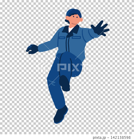 片腕を広げてダイナミックにジャンプする男性作業員のイラスト 142138598