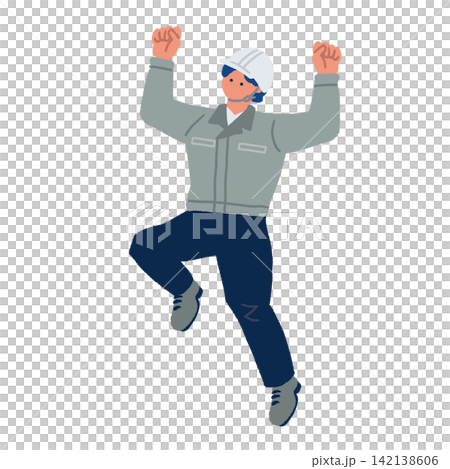 An illustration of a worker wearing a helmet jumping with a triumphant gesture. An illustration of a worker wearing a helmet jumping with a triumphant gesture. 142138606