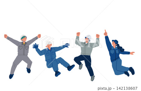 4人の建設作業員が並んでジャンプするグループイラスト 142138607