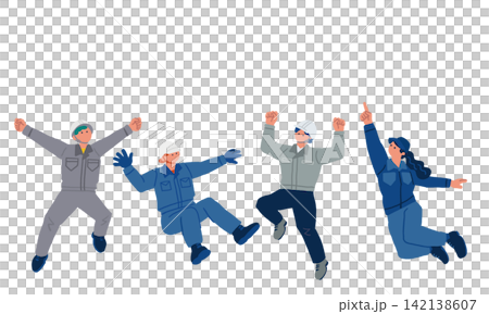 4人の建設作業員が並んでジャンプするグループイラスト 142138607