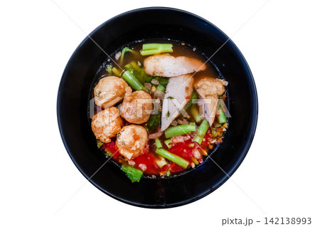 Top view of Spicy Yen Ta Fo noodles with a bold kick, focus selective 142138993