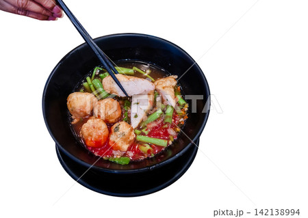 Top view of Spicy Yen Ta Fo noodles with a bold kick, focus selective 142138994