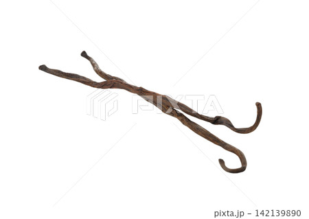 Two vanilla beans on white surface, isolated on white, PNG 142139890