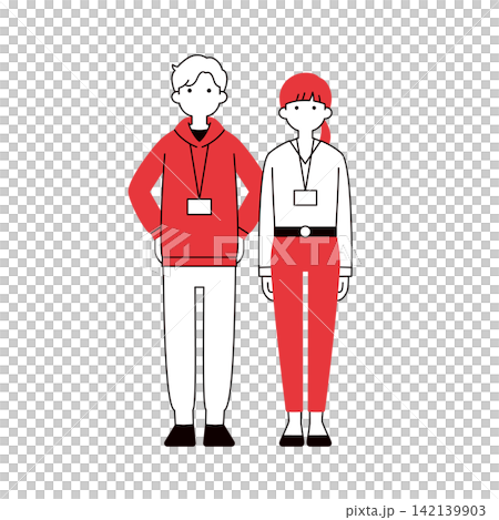 A set of modern full-body vector illustrations of a young man and a female student staff member wearing name tags. A set of modern full-body vector illustrations of a young man and a female student staff member wearing name tags. 142139903