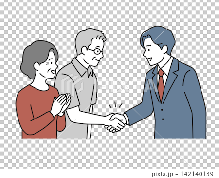 An illustration of a male businessman and a senior couple shaking hands with smiles after a successful business deal (end-of-life planning, inheritance, home renovation, contract). An illustration of a male businessman and a senior couple shaking hands with smiles after a successful business deal (end-of-life planning, inheritance, home renovation, contract). 142140139