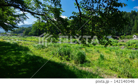 サイクリングや釣りが楽しめる箒川沿いの遊歩道と河川敷 塩原温泉（那須塩原市） 142140346