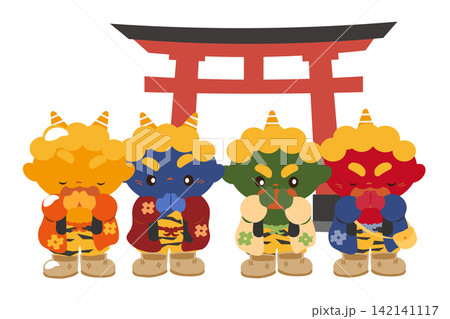 赤鳥居のある神社で初詣をするカワイイ4人の鬼たちのイラスト 142141117