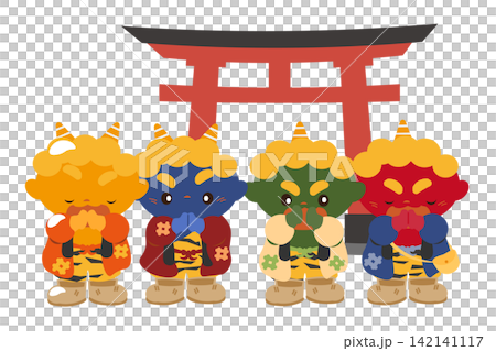 一幅插圖,描繪了四個可愛的惡魔在一年中的第一次神社參拜中,來到了一座有著紅色鳥居的神社。 一幅插圖,描繪了四個可愛的惡魔在一年中的第一次神社參拜中,來到了一座有著紅色鳥居的神社。 142141117