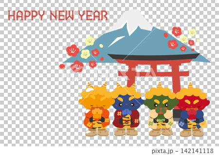 一張新年卡片插圖，描繪了四個惡魔參拜神社，神社裡有富士山和紅色的鳥居。 142141118