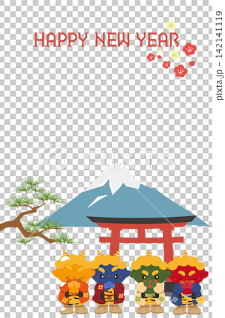 一幅豎版新年賀卡插圖,描繪了惡魔們一年中第一次參拜神社的場景,背景是富士山和紅色的鳥居。 一幅豎版新年賀卡插圖,描繪了惡魔們一年中第一次參拜神社的場景,背景是富士山和紅色的鳥居。 142141119