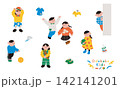 外で遊ぶ子ども達とアイコンのイラスト素材セット 142141201