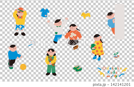 A set of illustration materials featuring children playing outside and icons. A set of illustration materials featuring children playing outside and icons. 142141201