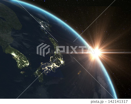 宇宙から見た日本の夜景と太陽 宇宙から見た日本の夜景と太陽 142141317