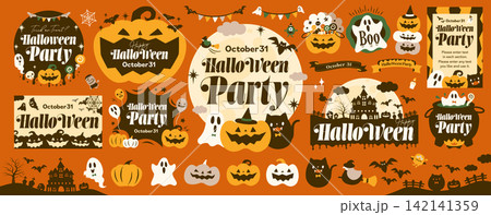 ハロウィンパーティーのベクターアイコンイラストと背景フレームセット_10月のハロウィーンイベント等 142141359