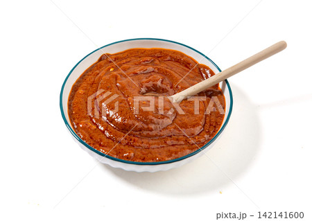 savory Brown Sauce Paste in Blue Ceramic Bowl savory Brown Sauce Paste in Blue Ceramic Bowl 142141600