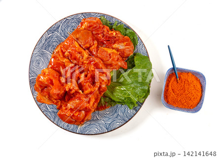 marinated Raw Chicken Thigh Meat on Plate marinated Raw Chicken Thigh Meat on Plate 142141648