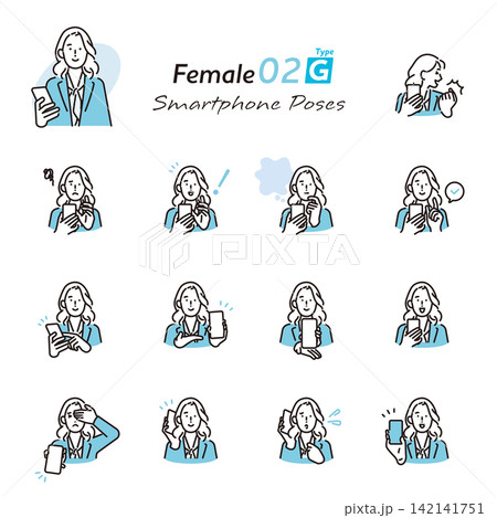 シンプル　イラスト　スマホを使うビジネスパーソンの表情とポーズセット ベクターイラスト 142141751
