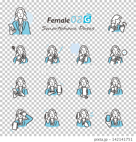シンプル　イラスト　スマホを使うビジネスパーソンの表情とポーズセット ベクターイラスト 142141751