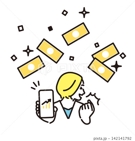 シンプル イラスト スマホの資産運用で利益が増えて喜ぶビジネスパーソン ベクターイラスト シンプル イラスト スマホの資産運用で利益が増えて喜ぶビジネスパーソン ベクターイラスト 142141792