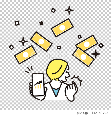 シンプル イラスト スマホの資産運用で利益が増えて喜ぶビジネスパーソン ベクターイラスト シンプル イラスト スマホの資産運用で利益が増えて喜ぶビジネスパーソン ベクターイラスト 142141792