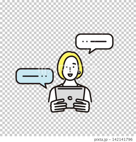 シンプル イラスト タブレットでチャットやメッセージをやり取りするビジネスパーソン ベクターイラスト シンプル イラスト タブレットでチャットやメッセージをやり取りするビジネスパーソン ベクターイラスト 142141796