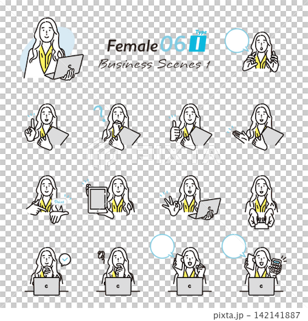 シンプル　イラスト　仕事や説明をするビジネスパーソンのポーズセット1 ベクターイラスト 142141887
