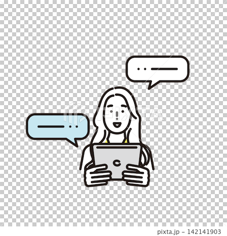 Simple illustration: A business person exchanging chats and messages on a tablet. Vector illustration. Simple illustration: A business person exchanging chats and messages on a tablet. Vector illustration. 142141903