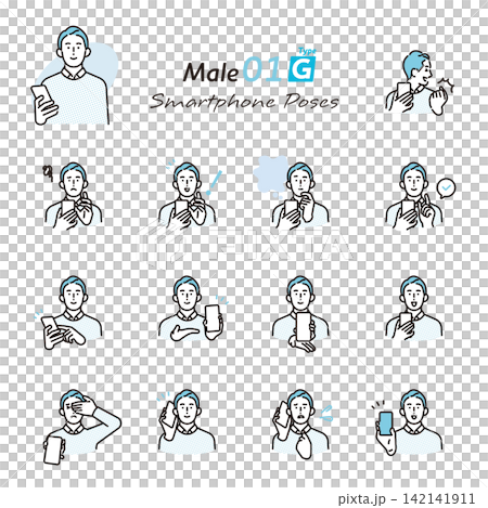 シンプル　イラスト　スマホを使うビジネスパーソンの表情とポーズセット ベクターイラスト 142141911