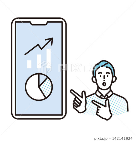 シンプル　イラスト　スマートフォンで資産運用や投資実績を確認するビジネスパーソン ベクターイラスト 142141924