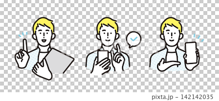 Simple illustrations: A set of poses for business people guiding users through smartphone operation and screen navigation. Simple illustrations: A set of poses for business people guiding users through smartphone operation and screen navigation. 142142035