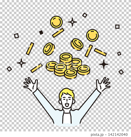 シンプル イラスト お金が増えて喜ぶビジネスパーソンとたくさんのコイン ベクターイラスト シンプル イラスト お金が増えて喜ぶビジネスパーソンとたくさんのコイン ベクターイラスト 142142040