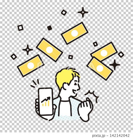 Simple illustration: A business person happy with increased profits from smartphone asset management (vector illustration) Simple illustration: A business person happy with increased profits from smartphone asset management (vector illustration) 142142042