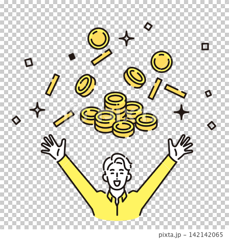 シンプル イラスト お金が増えて喜ぶビジネスパーソンとたくさんのコイン ベクターイラスト シンプル イラスト お金が増えて喜ぶビジネスパーソンとたくさんのコイン ベクターイラスト 142142065