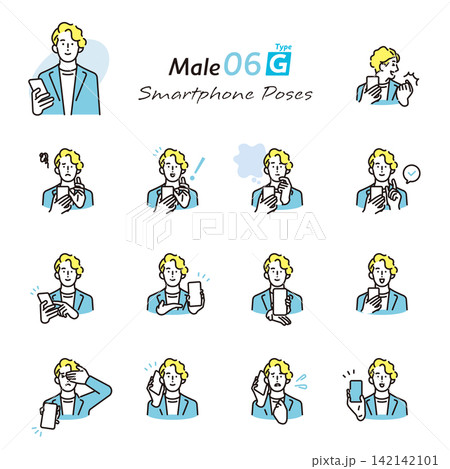 シンプル　イラスト　スマホを使うビジネスパーソンの表情とポーズセット ベクターイラスト 142142101