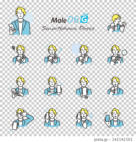 シンプル　イラスト　スマホを使うビジネスパーソンの表情とポーズセット ベクターイラスト 142142101