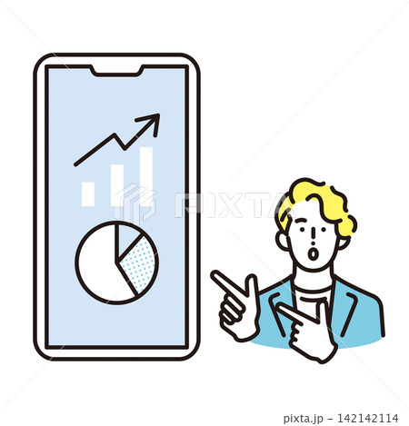 シンプル イラスト スマートフォンで資産運用や投資実績を確認するビジネスパーソン ベクターイラスト シンプル イラスト スマートフォンで資産運用や投資実績を確認するビジネスパーソン ベクターイラスト 142142114