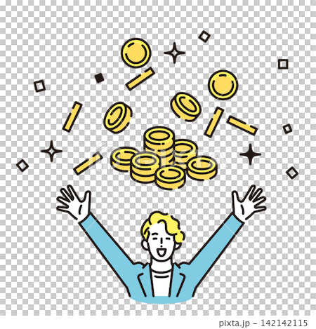 シンプル イラスト お金が増えて喜ぶビジネスパーソンとたくさんのコイン ベクターイラスト シンプル イラスト お金が増えて喜ぶビジネスパーソンとたくさんのコイン ベクターイラスト 142142115