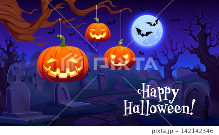 Happy Halloween scary greeting card with hanging pumpkin lanterns on abandoned graveyard, vector banner. Halloween holiday greeting with pumpkin lanterns on cemetery with tombstones in spooky night Happy Halloween scary greeting card with hanging pumpkin lanterns on abandoned graveyard, vector banner. Halloween holiday greeting with pumpkin lanterns on cemetery with tombstones in spooky night 142142346