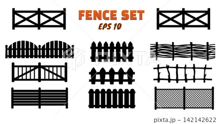 Cartoon wooden ranch and farm fence barrier isolated silhouettes of garden pickets. Ranch stable fences of garden gates or yard barriers of wood planks or straw thatch stake and brushwood palisade Cartoon wooden ranch and farm fence barrier isolated silhouettes of garden pickets. Ranch stable fences of garden gates or yard barriers of wood planks or straw thatch stake and brushwood palisade 142142622