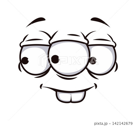 Cartoon face with three googly eyes and bizarre emotion expression with funny cheerful look. Happy face or cartoon smile emoji with wacky teeth out and adorable expression for comic curious emoticon Cartoon face with three googly eyes and bizarre emotion expression with funny cheerful look. Happy face or cartoon smile emoji with wacky teeth out and adorable expression for comic curious emoticon 142142679