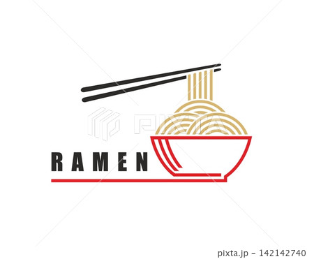 Asian ramen noodles bowl icon with red bowl filled with golden swirling noodles and black chopsticks. Outline ramen emblem for Japanese restaurant, food delivery service and noodle bar signage Asian ramen noodles bowl icon with red bowl filled with golden swirling noodles and black chopsticks. Outline ramen emblem for Japanese restaurant, food delivery service and noodle bar signage 142142740