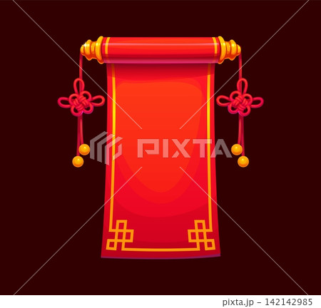 Cartoon red Chinese paper scroll manuscript with unrolled parchment, golden rod and traditional knot ornaments with dangling gold bead tassels. Vibrant festive banner for Lunar New Year greeting card Cartoon red Chinese paper scroll manuscript with unrolled parchment, golden rod and traditional knot ornaments with dangling gold bead tassels. Vibrant festive banner for Lunar New Year greeting card 142142985