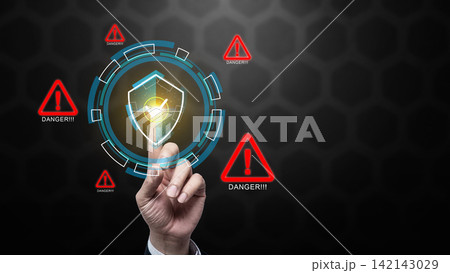 Business hand touching a virtual shield icon with a checkmark, symbolizing cyber security and protection. Cybersecurity or Network Firewall Digital Protection Concept 142143029