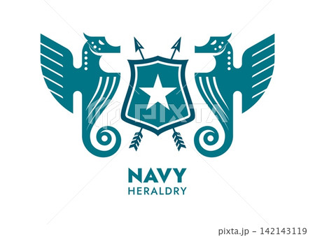 Marine heraldry icon with crossed arrows, military navy shield and winged seahorses. Nautical heraldic emblem for maritime security companies, luxury yacht clubs and premium seafood restaurants Marine heraldry icon with crossed arrows, military navy shield and winged seahorses. Nautical heraldic emblem for maritime security companies, luxury yacht clubs and premium seafood restaurants 142143119