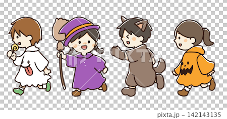 孩子們享受萬聖節服裝的插圖 孩子們享受萬聖節服裝的插圖 142143135