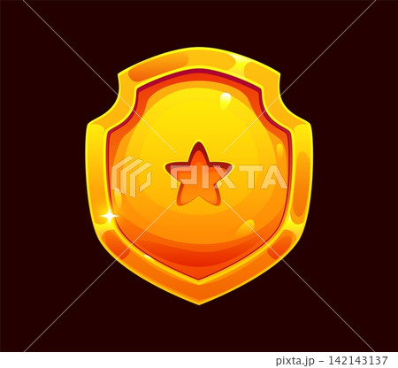 Cartoon golden shield badge with glossy domed surface. Shiny game icon with chunky gold border and embossed star symbol for fantasy RPG defense ability button design and player rank badges 142143137