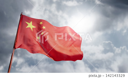 The national flag of China waving on a flagpole against a dramatic cloudy sky with sunlight breaking through. China National Day celebration The national flag of China waving on a flagpole against a dramatic cloudy sky with sunlight breaking through. China National Day celebration 142143329